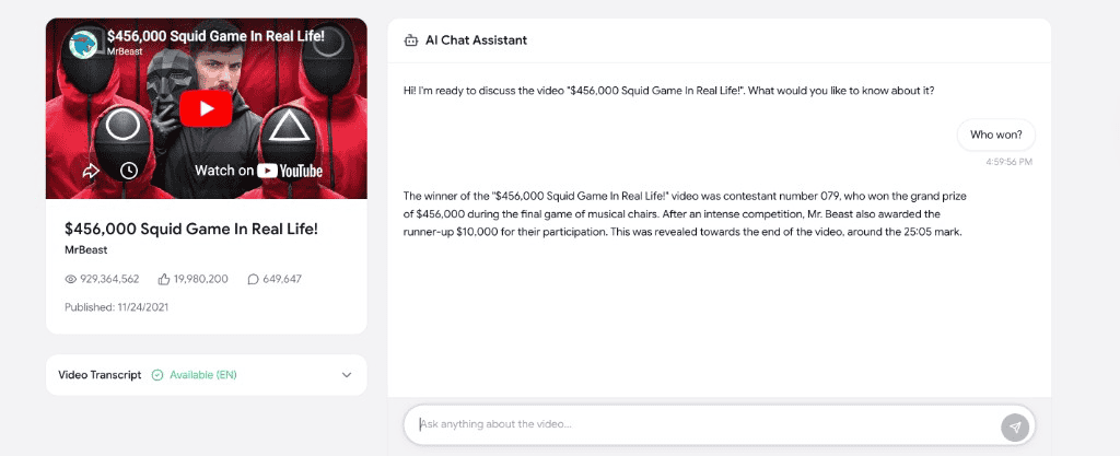 Screenshot of the Chat with YouTube Video tool showing a MrBeast Squid Game video on the left and an AI chat conversation answering 'Who won?' with the contestant number and prize details on the right.