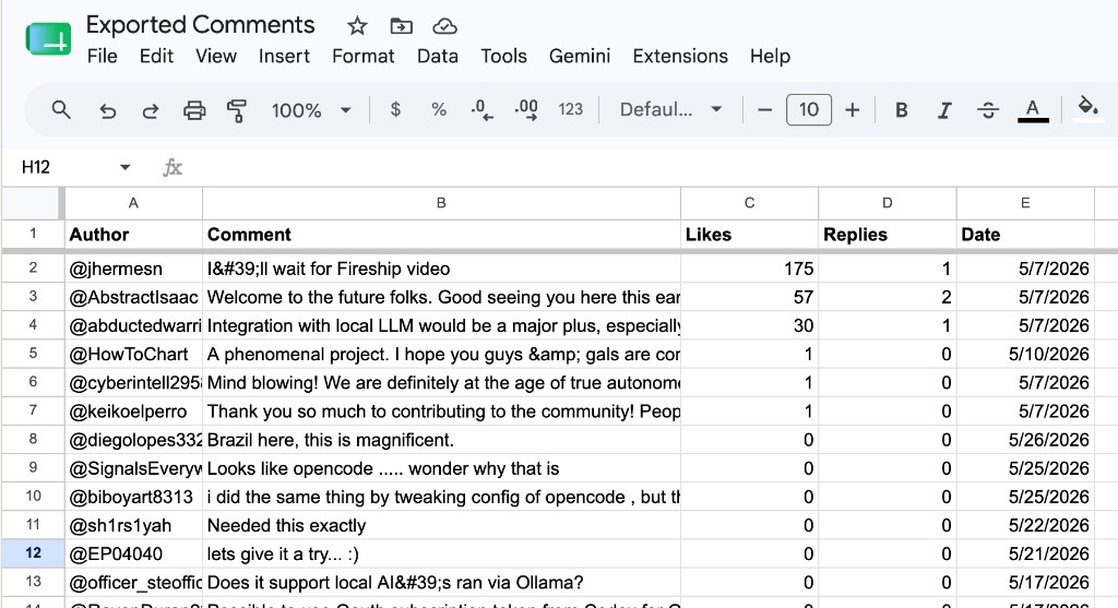 Exported YouTube comments opened in a spreadsheet, with one comment per row and columns for author, comment, likes, replies, and date