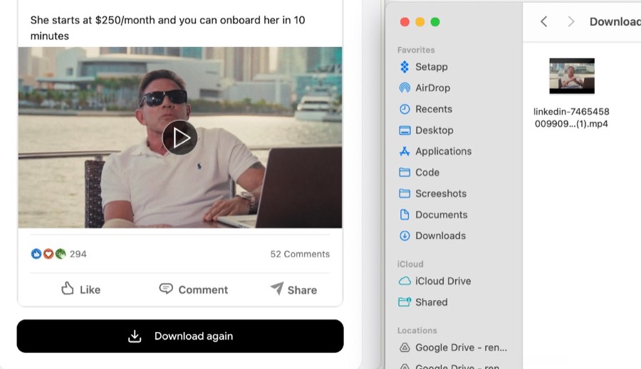 The LinkedIn video downloader in action: a LinkedIn post video previewed on the page next to the saved MP4 file in the Mac Finder downloads folder.