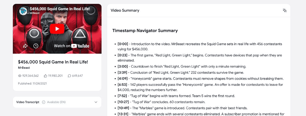 Screenshot of the AI YouTube video summarizer showing a video preview on the left and a timestamped bullet-point summary of a MrBeast Squid Game video on the right.
