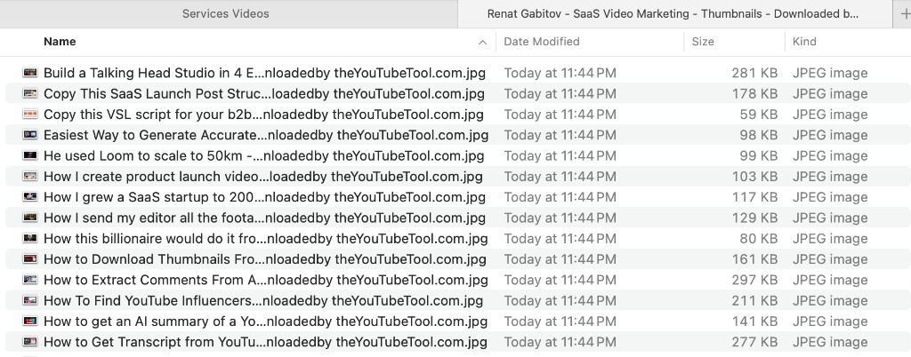 Screenshot of a downloaded ZIP folder full of YouTube channel thumbnails — every video thumbnail saved as a high-resolution JPG named after the video title, downloaded by theYouTubeTool.com.