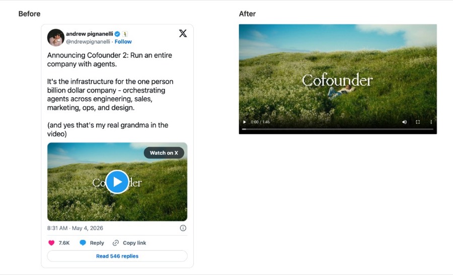 Before and after of downloading a Twitter / X video: on the left, an embedded X post where the video can only be watched on X; on the right, the same video as a clean, downloadable MP4 with no tweet text around it.