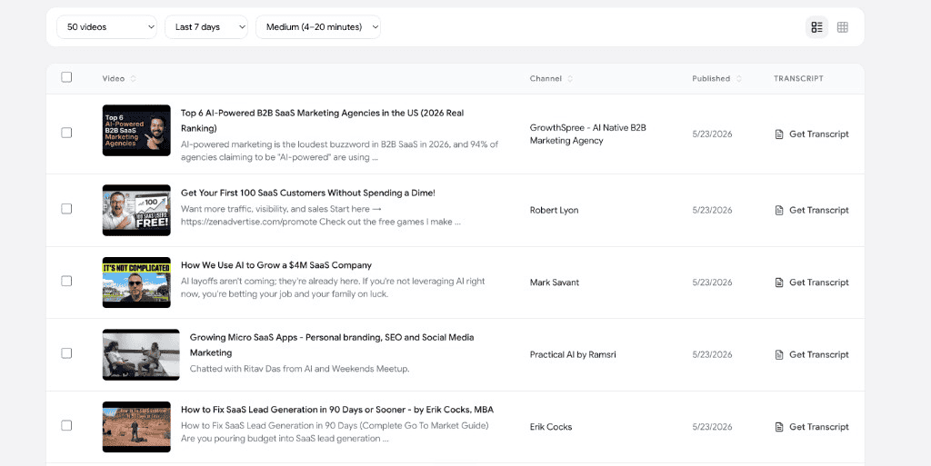 Screenshot of the advanced YouTube video search results filtered by date (last 7 days), duration (medium 4-20 minutes), and 50 videos — showing video thumbnails, titles, descriptions, channels, publish dates, and one-click Get Transcript buttons.