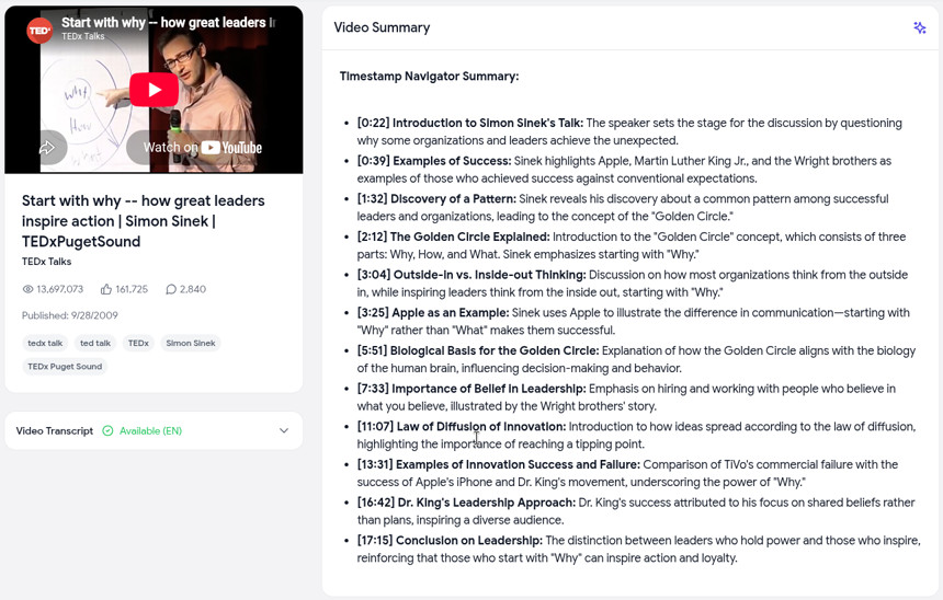 Timestamped AI summary of a TEDx talk shown next to the video's details and transcript panel