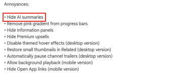 Control Panel for YouTube's Chrome Web Store listing with Hide AI summaries highlighted under its Annoyances options