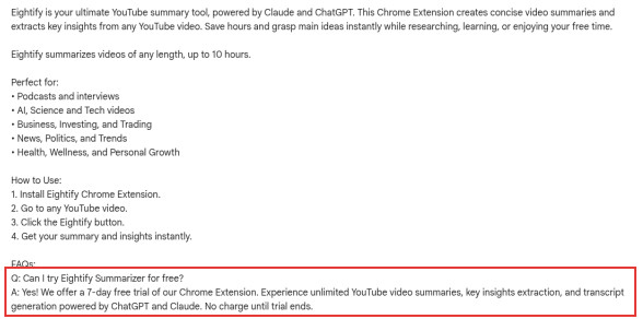 Eightify's Chrome Web Store listing with its FAQ answer offering a 7-day free trial, no charge until the trial ends