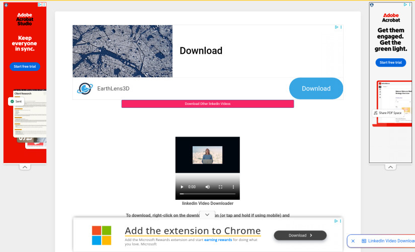 Expertsphp's LinkedIn video downloader result with a small video player surrounded by display ads from Adobe, EarthLens and Microsoft