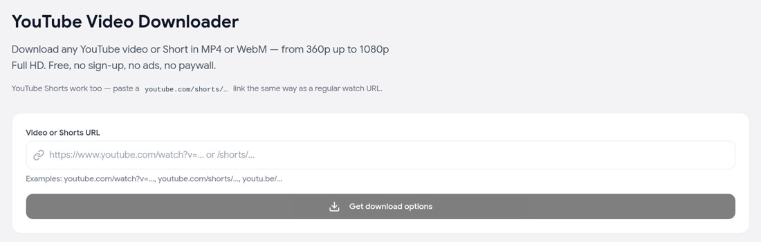The YouTube Tool's free YouTube video downloader page with a single link box and a Get download options button, no ads or sign-up