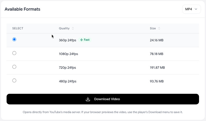 Free YouTube downloader showing MP4 quality options from 360p (Fast) to 1080p with file sizes and a Download Video button