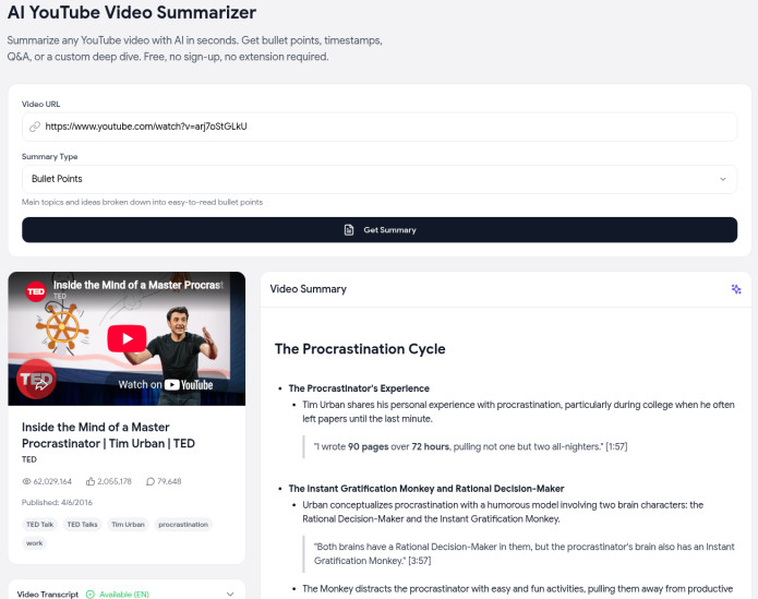 Free AI YouTube video summarizer with a link pasted and a bullet-point summary generated, no sign-up required