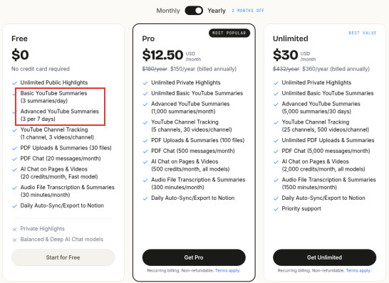 Glasp pricing cards with the Free plan's Basic YouTube Summaries (3 a day) and Advanced YouTube Summaries (3 per 7 days) highlighted