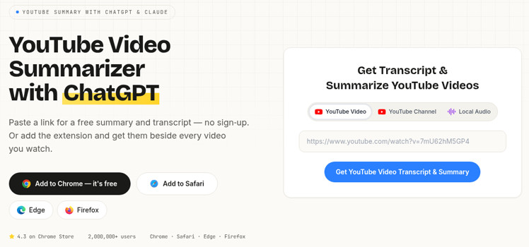 Glasp YouTube Summary page with a paste-a-link box and a headline promising a free summary and transcript with no sign-up