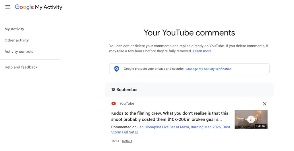 Google My Activity Your YouTube comments page listing a posted comment with the date, the video it was left on, and the time