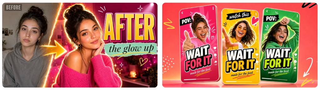AI-generated YouTube thumbnail examples from Higgsfield: a before-and-after glow-up layout and vertical Shorts-style covers with bold text