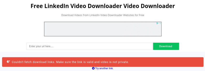 KeepOffline showing a couldn't fetch download links error under its URL box for a public LinkedIn video post, with an ad slot above the form