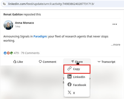 LinkedIn post with the Share menu open and the Copy option highlighted to copy the post link