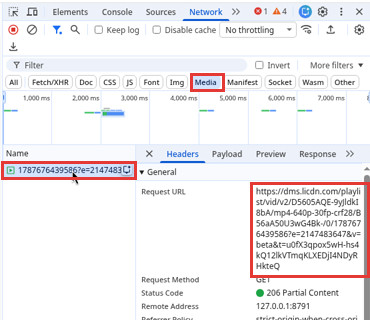 Chrome developer tools Network tab filtered to Media, with the dms.licdn.com video request selected and its MP4 Request URL highlighted