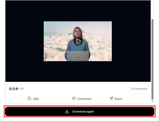 Preview of the LinkedIn post video in the downloader, with the Download again button highlighted below it