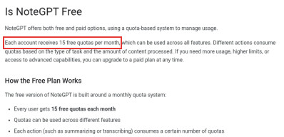 NoteGPT help page stating that each account receives 15 free quotas per month