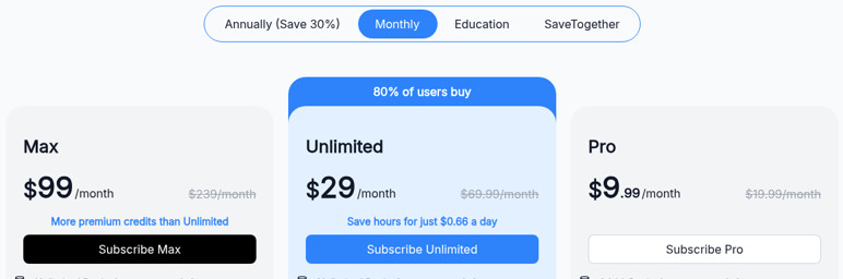 NoteGPT pricing page showing the Max, Unlimited and Pro plans at $99, $29 and $9.99 a month