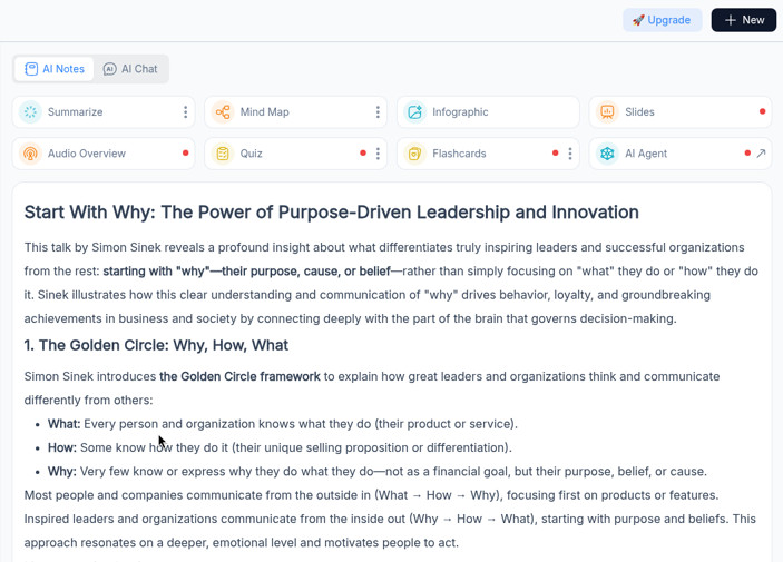 NoteGPT summary of the TEDx talk with the transcript beside it, generated on a first logged-out try