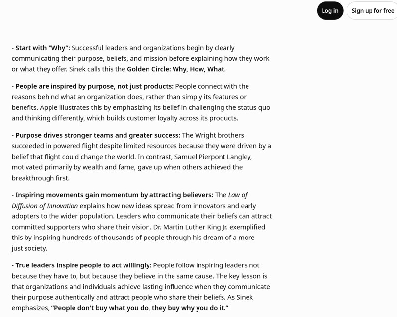 ChatGPT's 5-bullet summary of the Start with Why TEDx talk, written from a pasted transcript while logged out