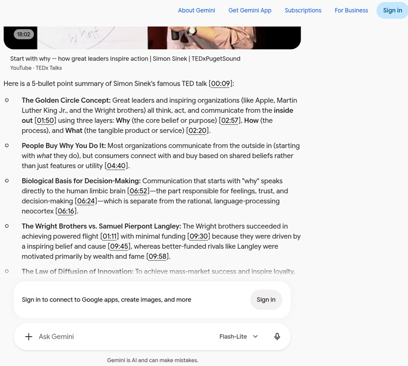 Gemini's 5-bullet summary of the TEDx talk with clickable timestamps, generated from a YouTube link while signed out