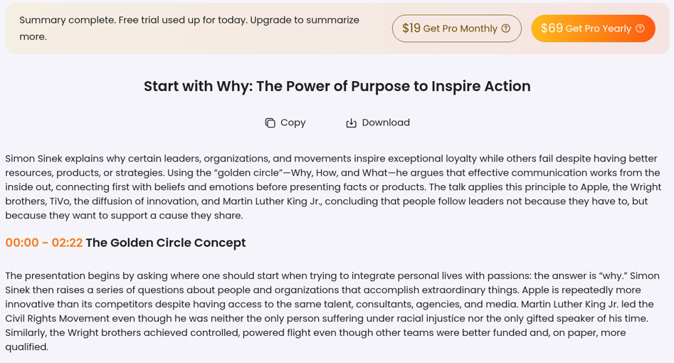 GitMind summary of the TEDx talk titled Start with Why, with a banner saying the free trial is used up for today