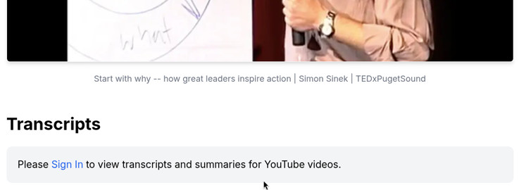 Glasp reader page under the TEDx video saying Please Sign In to view transcripts and summaries for YouTube videos