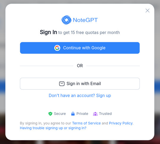 NoteGPT sign-in window saying Sign In to get 15 free quotas per month, shown instead of a summary on a second logged-out try