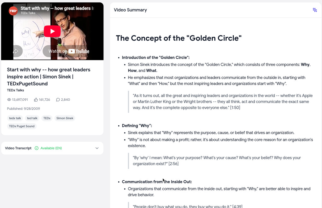 The YouTube Tool's Bullet Points summary of Simon Sinek's TEDx talk, with Golden Circle sections and timestamped quotes, next to the video details