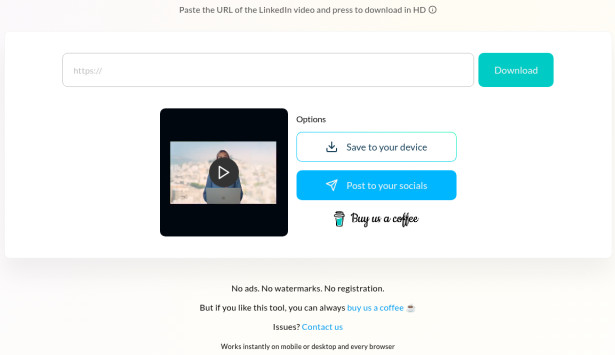 Publer's LinkedIn video downloader showing the video thumbnail with Save to your device and Post to your socials options