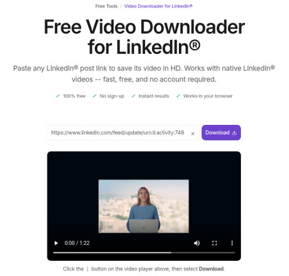 Reepl's free LinkedIn video downloader with our post's video loaded in a player and a note to save it from the player's ⋮ menu