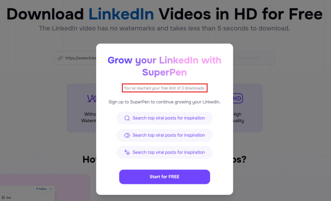 SuperPen pop-up saying you've reached your free limit of 3 downloads and asking you to sign up to continue
