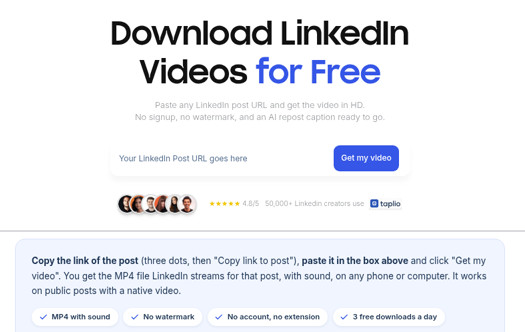 Taplio's free LinkedIn video downloader page with the Get my video button and its 3 free downloads a day note