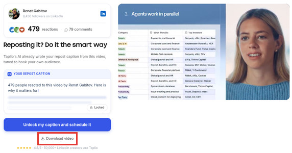 Taplio's LinkedIn downloader result with a locked AI repost caption, an Unlock my caption button, and a small Download video link