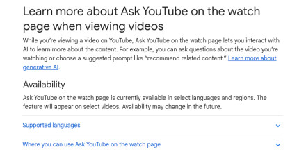 YouTube Help article on Ask YouTube, saying the feature is available in select languages and regions and on select videos