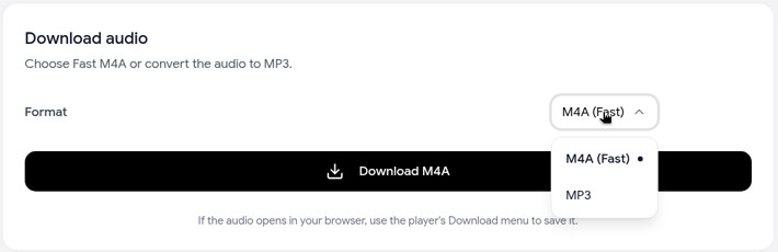 Download audio panel in the YouTube audio downloader with the Format menu open, offering M4A (Fast) or MP3