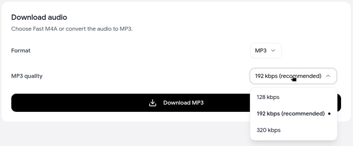 MP3 quality menu in the YouTube to MP3 downloader with 128, 192 (recommended) and 320 kbps, a Y2mate MP3 alternative