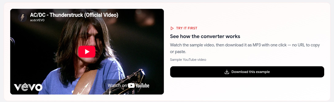 Try it first card on the YouTube audio downloader with a sample music video and a Download this example button