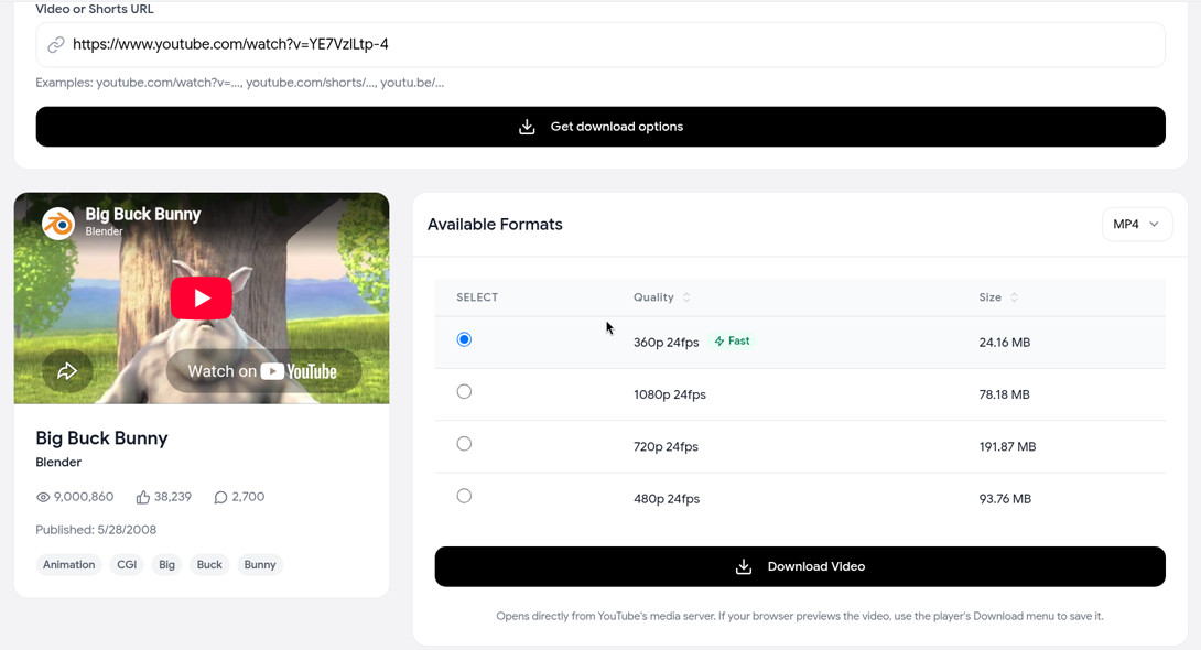 Y2mate alternative: YouTube video downloader with Big Buck Bunny loaded and MP4 options from 360p to 1080p, each with its file size