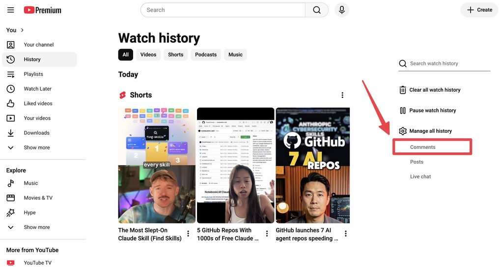 YouTube Watch history page: in the right-hand panel under Manage all history, click Comments