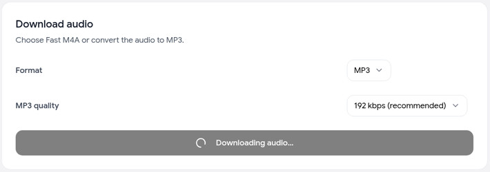 MP3 download in progress for a YouTube Music link, with the button showing Downloading audio