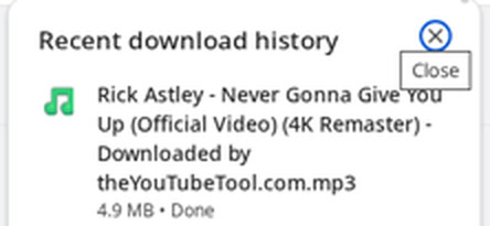 Chrome download history showing the YouTube Music song saved as an MP3 named after the video, 4.9 MB, Done