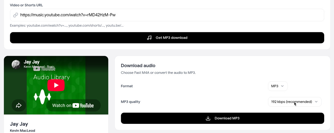 YouTube Music link for the song Jay Jay by Kevin MacLeod pasted into the free MP3 downloader, with the song loaded and MP3 at 192 kbps selected