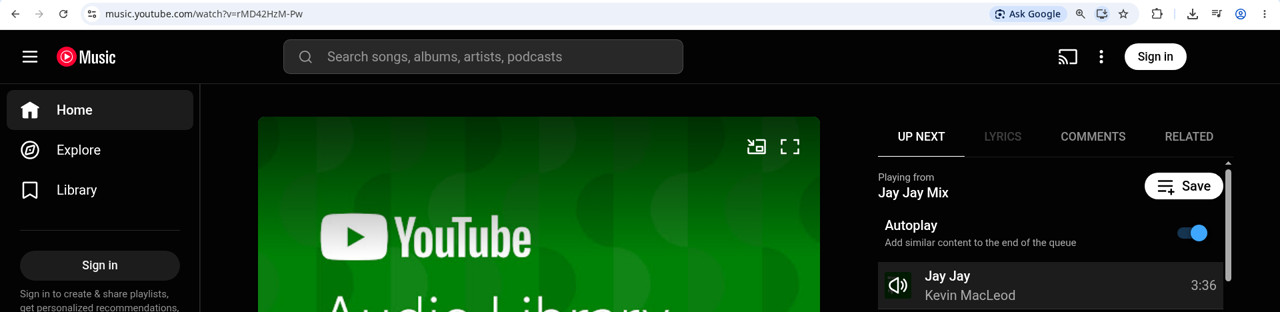 YouTube Music web player playing a song, with the music.youtube.com/watch link in the address bar to copy