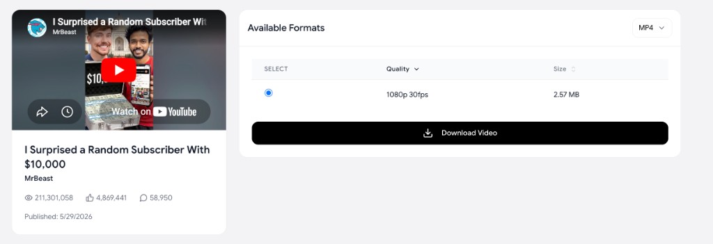 The YouTube Tool Shorts downloader after pasting a link: video preview with title and channel on the left, MP4 format picker with 1080p quality and file size on the right, and a Download Video button