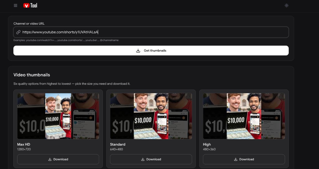 The YouTube Tool thumbnail downloader with a Shorts URL pasted — showing Max HD, Standard, and High download options