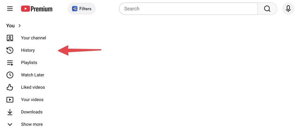YouTube left sidebar under You: click History to open your watch history
