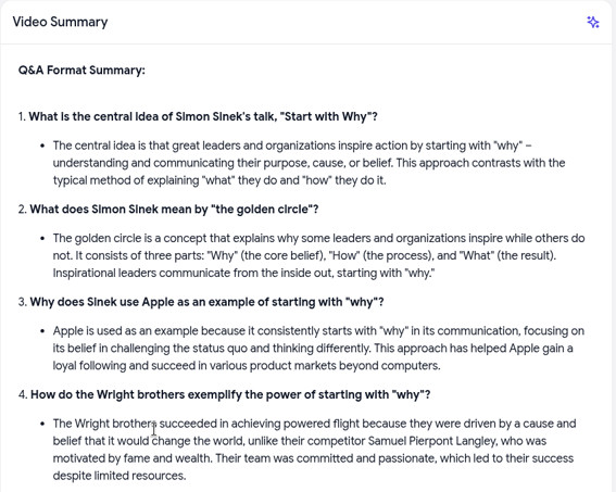 Q&A Format summary of a TEDx talk generated by The YouTube Tool's free AI summarizer, no sign-up needed
